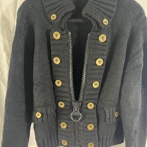 Women’s Chunky Knit Military Cardigan Sweater Black Double Breasted Zip Jacket